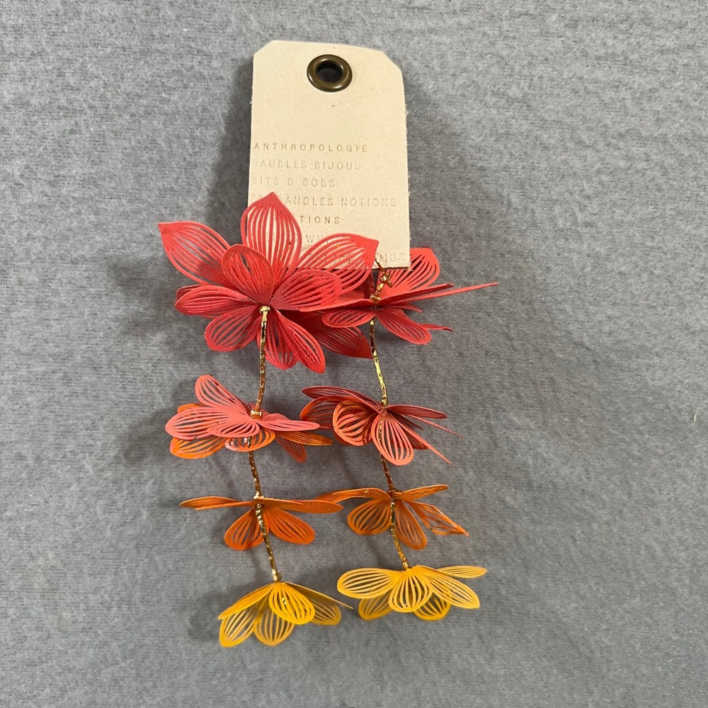 NEW Anthropologie sunset painted Floral Ombre Drop Earrings Red Orange Yellow